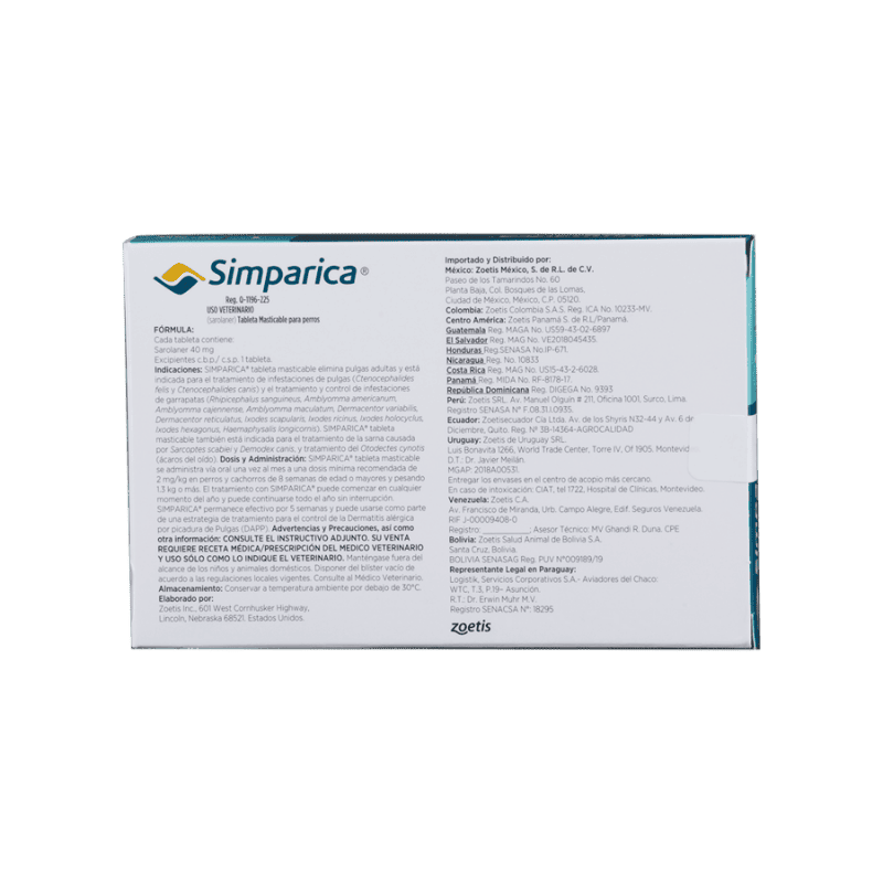 Antiparasitario Externo para perroSimparica 40 MgCaja 1 Tableta (10 a 20 kg)