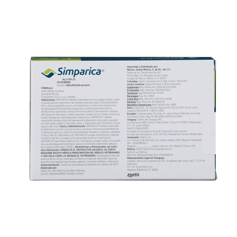 Antiparasitario Externo para perro Simparica 80 Mg Caja 1 Tableta (20 a 40 kg)