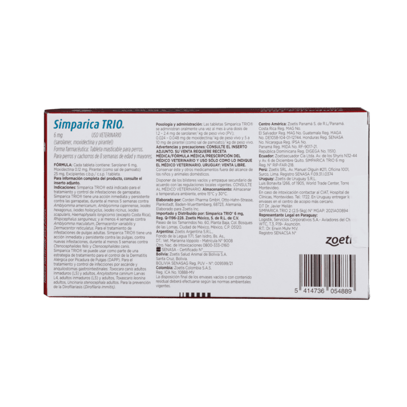 Antiparasitario Interno y Externo para perroSimparica Trio 2.5 Kg - 5 Kg 1 Tableta