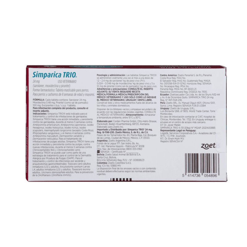 Antiparasitario Interno y Externo para perroSimparica Trio 10 Kg - 20 Kg 1 Tableta