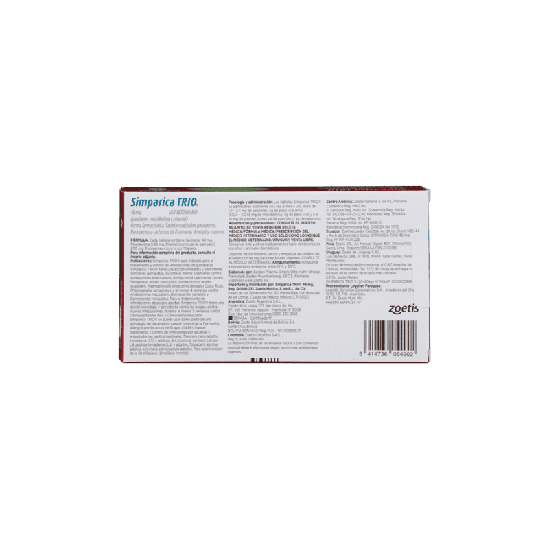 Antiparasitario Interno y Externo para perroSimparica Trio 20 Kg - 40 Kg 1 Tableta
