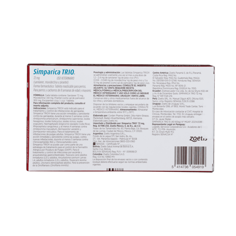 Antiparasitario Interno y Externo para perroSimparica Trio 40 Kg - 60 Kg 1 Tableta
