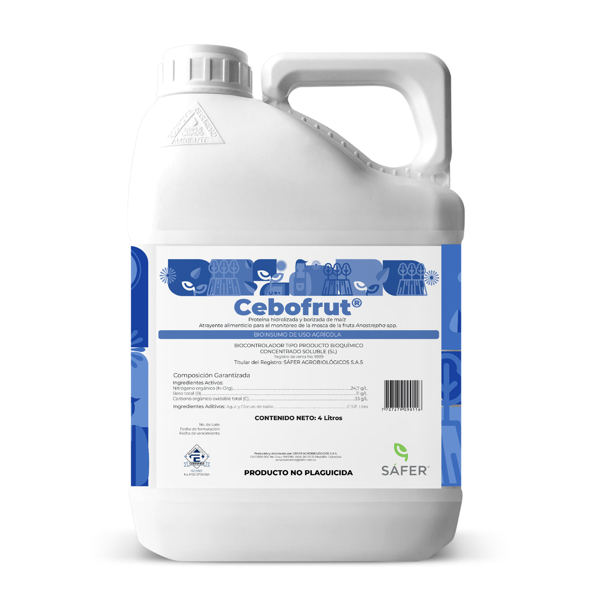 Cebofrut es una avanzada proteína hidrolizada y borizada de maíz, especialmente formulada para el monitoreo, captura y control de la mosca de la fruta del género Anastrepha en cultivos de mango. Este producto está elaborado con materias primas naturales de alta calidad, garantizando eficacia y seguridad en su uso.