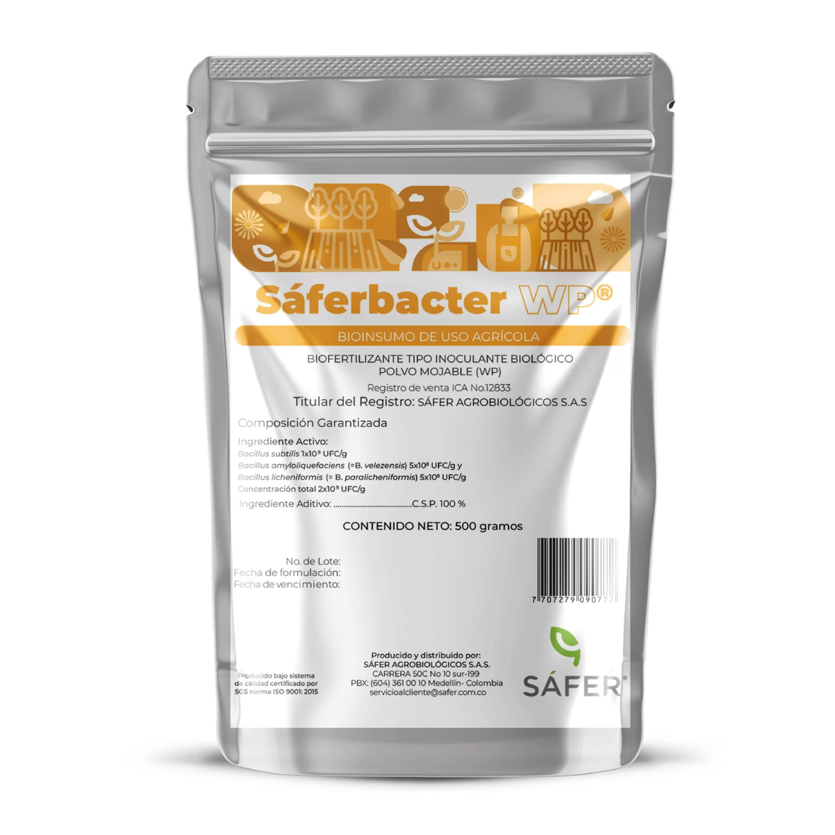 Inoculante Biológico para el Crecimiento Óptimo de las PlantasDescubre Sáferbacter W.P, un innovador inoculante biológico elaborado con una potente combinación de Bacillus subtilis, Bacillus amyloliquefaciens (anteriormente B. velezensis) y Bacillus licheniformis (anteriormente B. paralicheniformis). Este avanzado promotor de crecimiento vegetal está diseñado para maximizar la biomasa de tus cultivos y mejorar la salud del suelo.