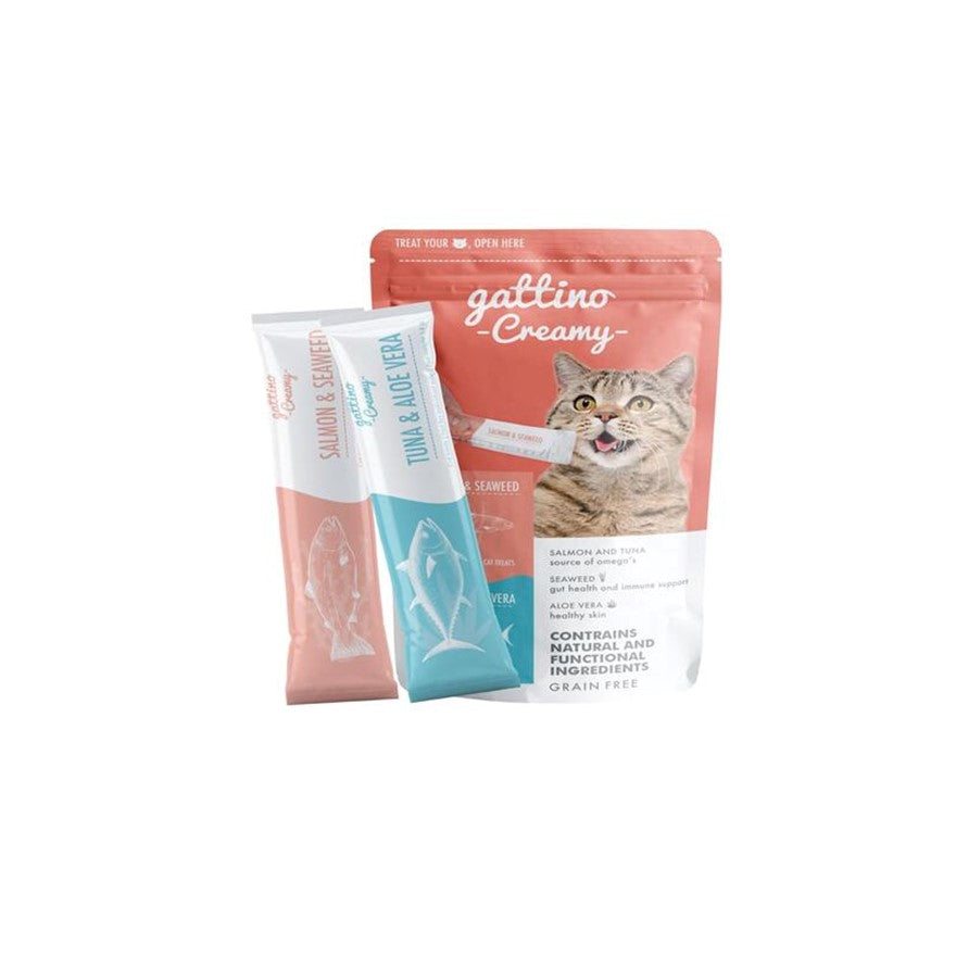 ¡Dale a tu gato un premio delicioso y nutritivo con el Snack Gattino Creamy! Este exquisito snack viene en un conveniente paquete de 4 sobres, ideal para disfrutar en cualquier momento del día.