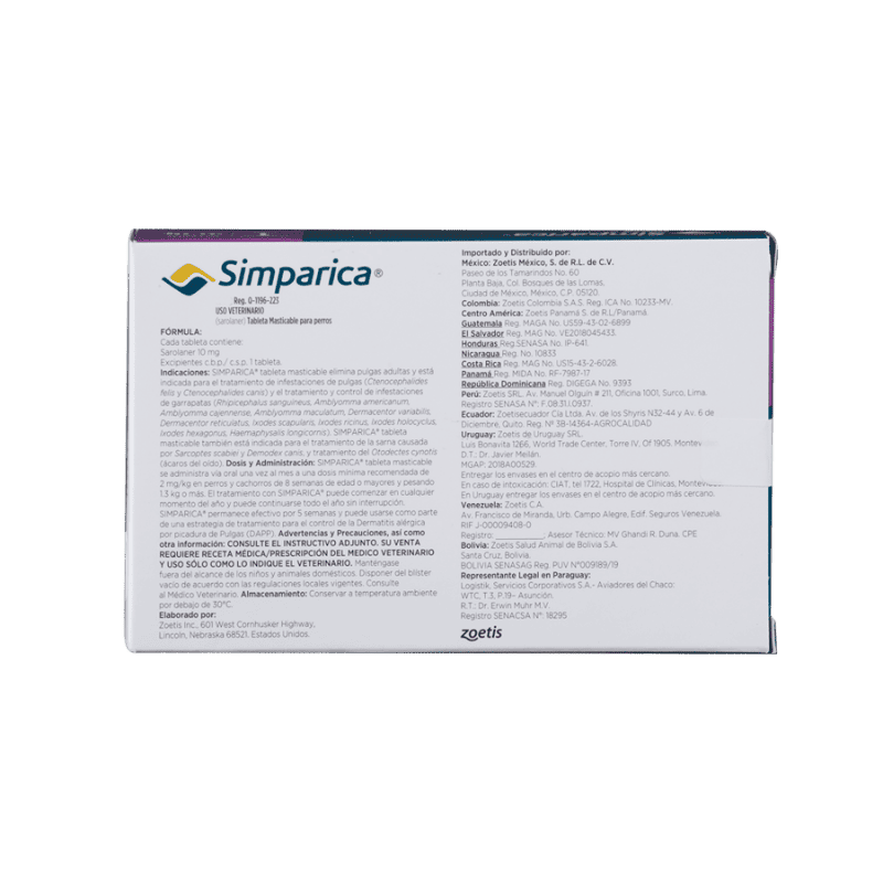Antiparasitario Externo para perroSimparica 10 Mg (2.5 a 5 kg) Caja 1 Tableta