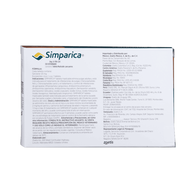 Antiparasitario Externo para perroSimparica 20 Mg (5 a 10 kg) Caja 1 Tableta