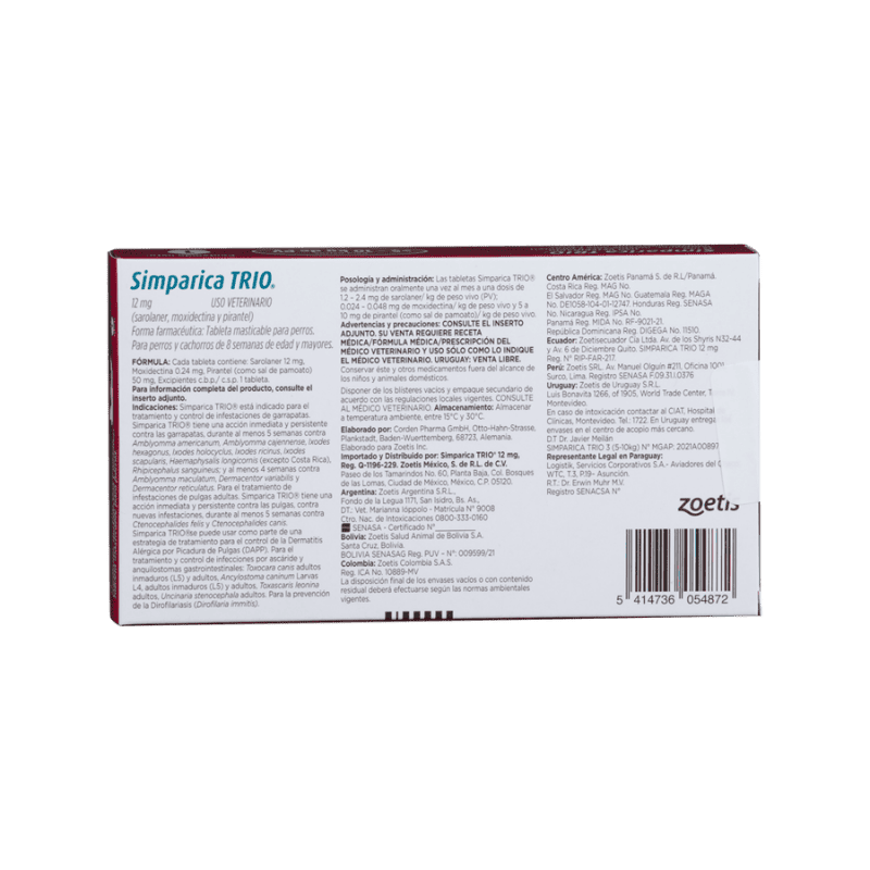 Antiparasitario Interno y Externo para perroSimparica Trio 5 Kg - 10 Kg 1 Tableta