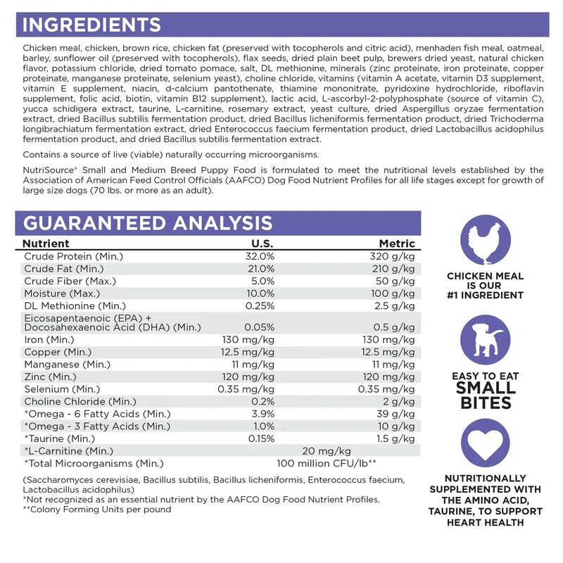 NutriSource Cachorro Perro Raza Pequeña y Mediana Pollo y Arroz